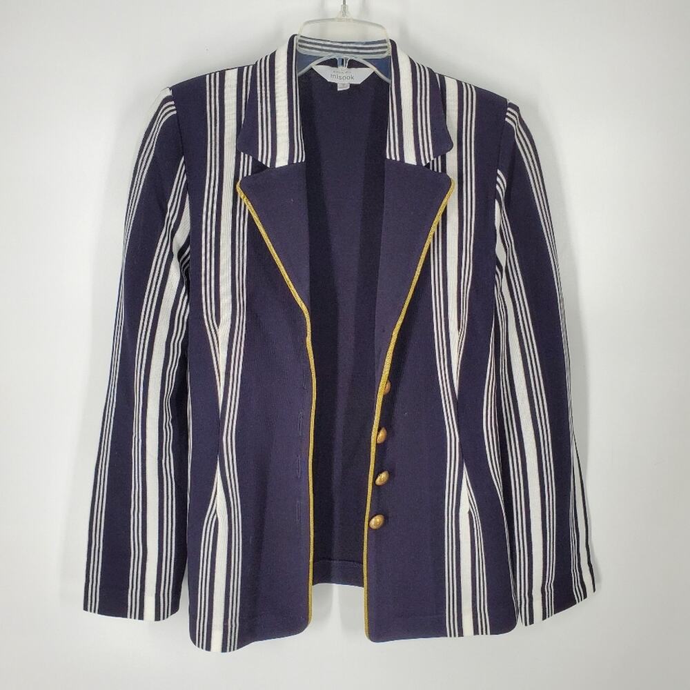Exclusively Misook Navy White Stripe Collared Button Down Blazer Jacket S
